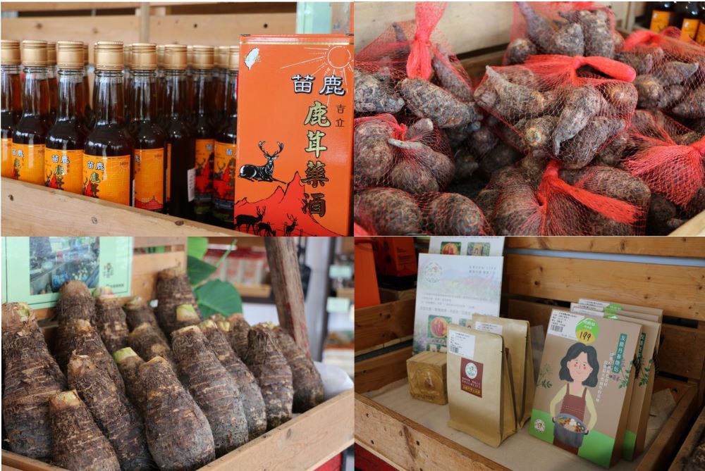 農民直銷站內人氣商品有地瓜、芋頭、丹蔘燉包，以及少見的鹿茸藥酒